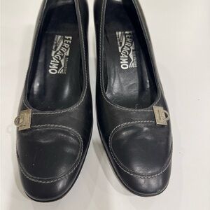 Salvatore Ferragamo Black Leather Flats with Silver Accents